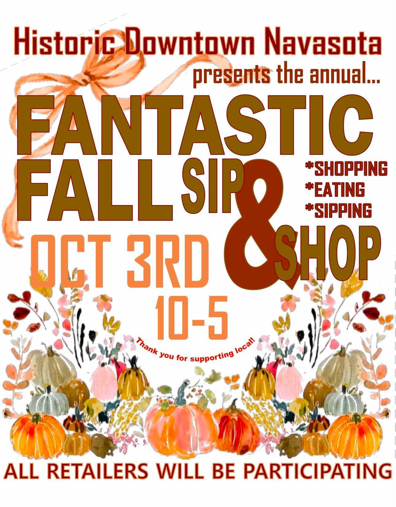 Fantastic Fall Sip and Shop in Historic Downtown Navasota on October 3 from 10 AM to 5 PM
